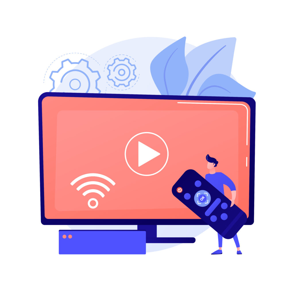 Ilustração de monitor e personagem segurando controle remoto