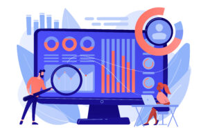 Ilustração de analista de dados observando gráficos com uma lupa